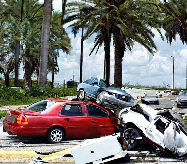 Florida car accident scene with emergency responders and damaged vehicles on the road