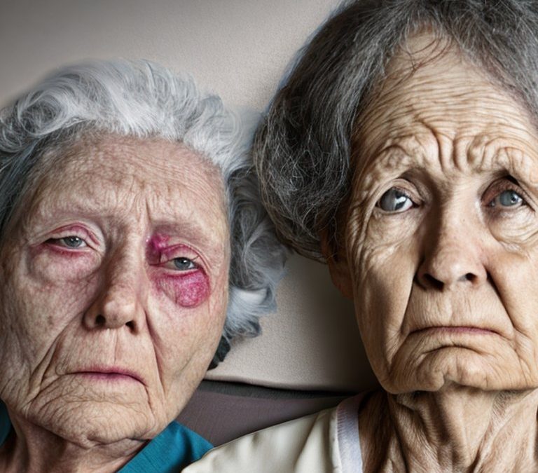 Two elderly people with a sad expression, symbolizing neglect or abuse in a nursing home setting.